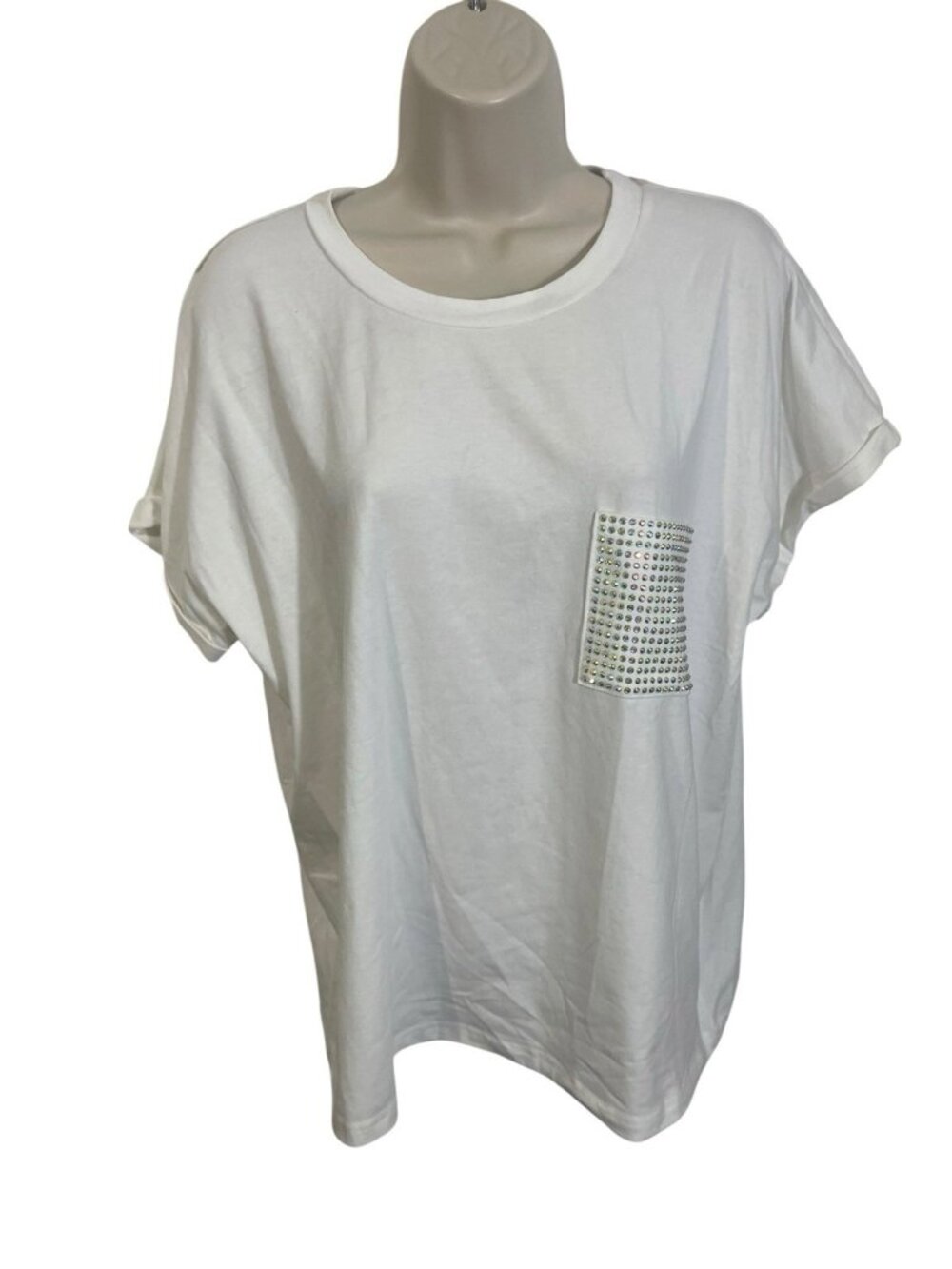 ON TWELFTH Women's Size XL White Top with Rhinestone Pocket READ DESCRIPTION